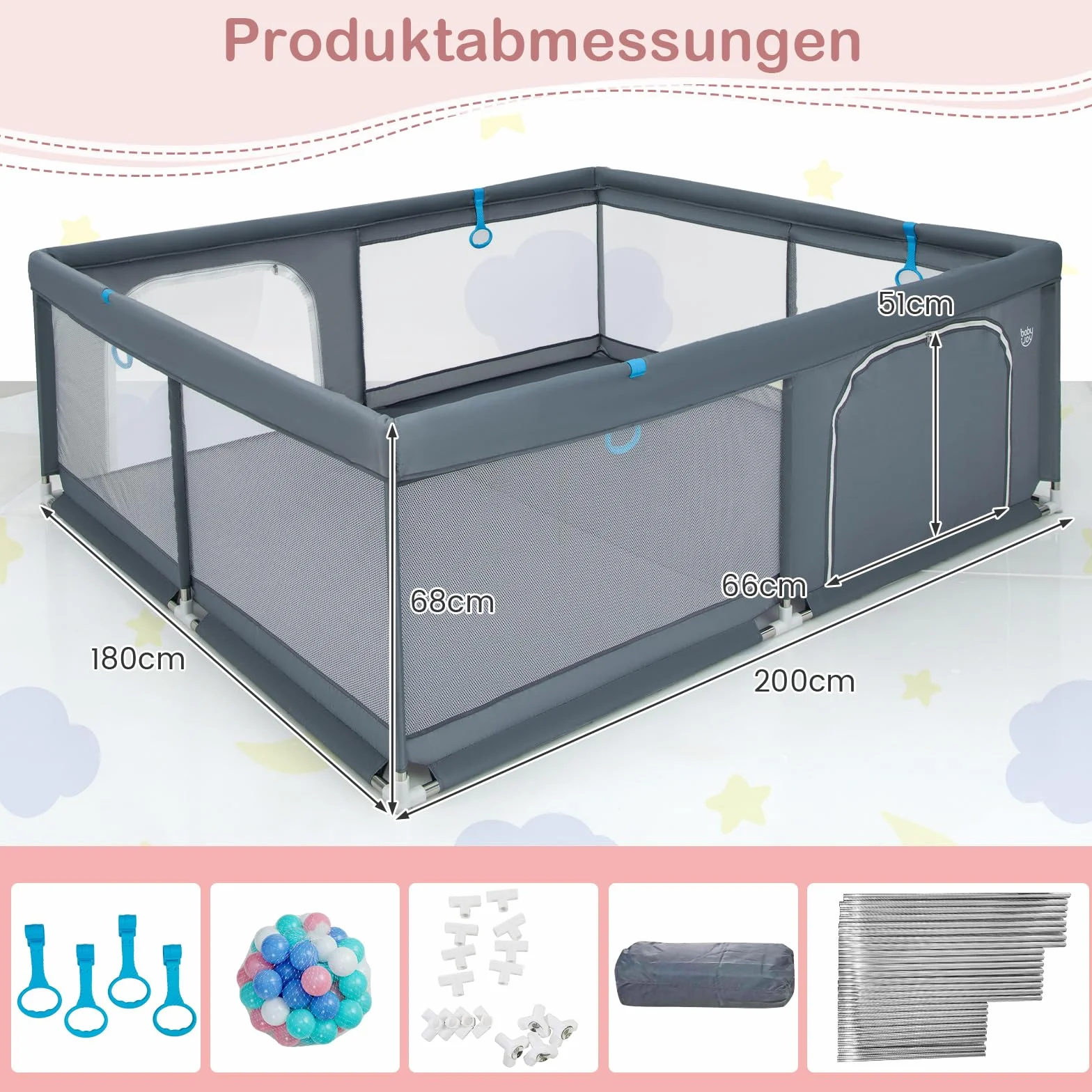 COSTWAY Kojec dla niemowląt 200 x 180 cm, składany, z 50 piłkami oceanicznymi i 4 uchwytami, kratka do raczkowania z oddychającą siatką i drzwiami