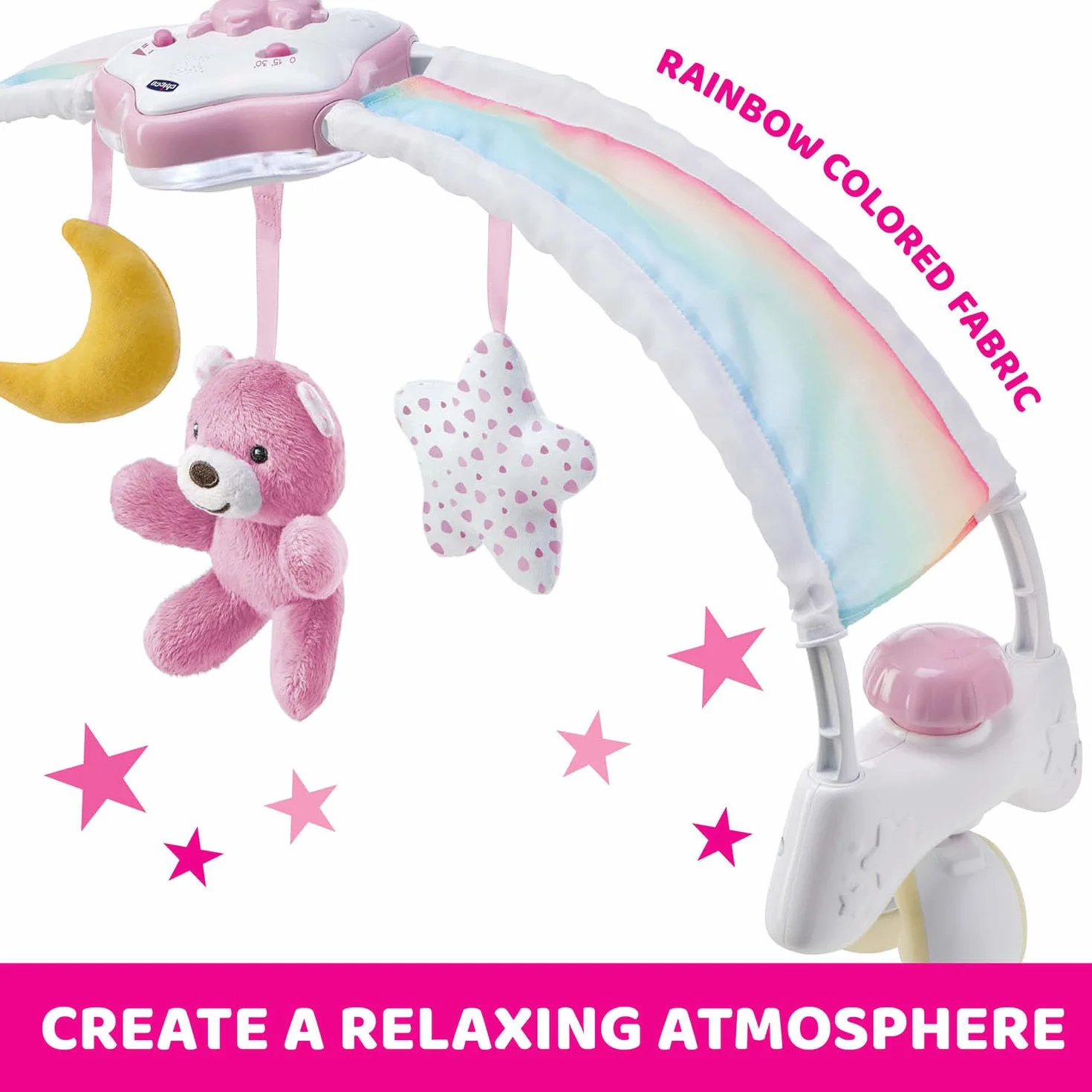Chicco Panel na Łóżeczko Rainbow Sky 2w1 Kompatybilny z Next2Me, Panel Rainbow Sky Baby i Lampka Nocna dla Dzieci z Ralaksacyjną Muzyką - Zabawki dla Niemowląt 0 m+, Różowy