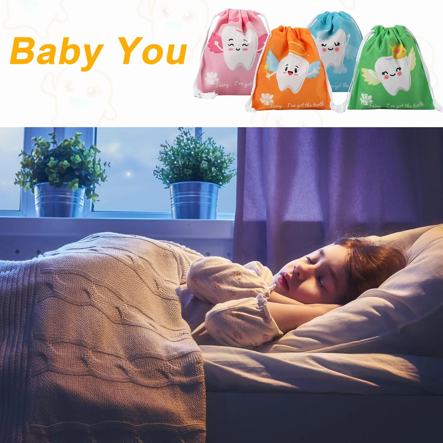 4 Sztuki Torby na Prezenty Wrózki Zebuszki, Smieszne Pojemnik na Zeby Mleczne Uchwyt dla Chlopców i Dziewczat Sznurek Etui na Zeby Prezenty na Pamiatke dla Dzieci Baby Shower Urodziny