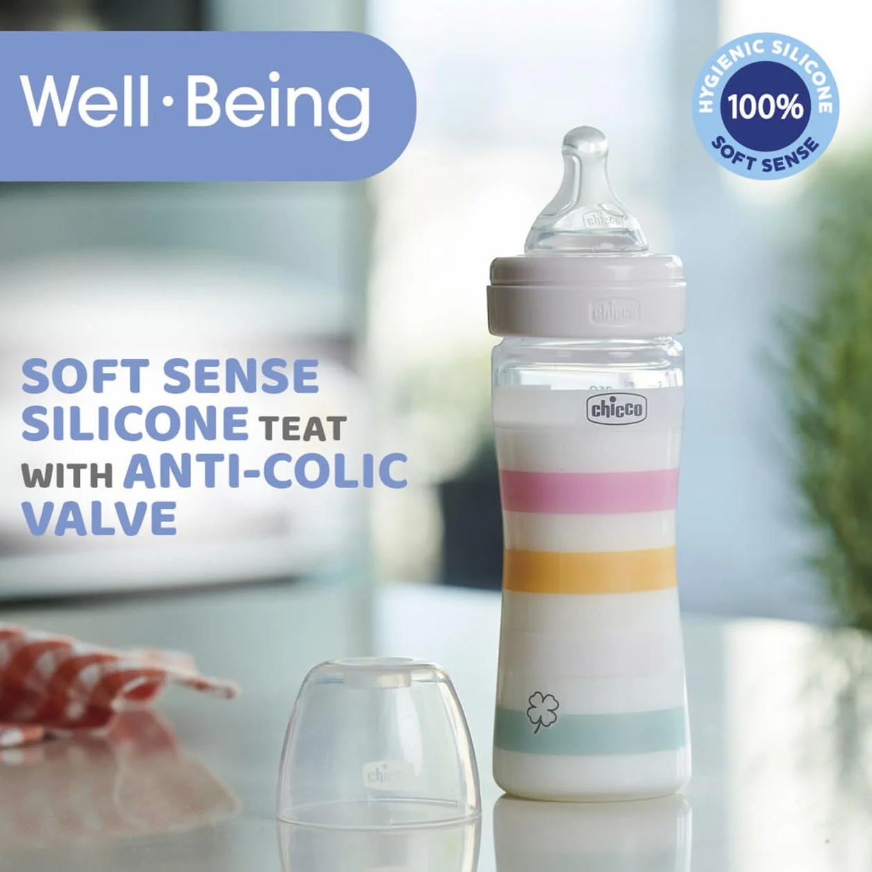 Chicco Butelka Well-Being Medium Flux, z przyssawką fizjoterapeutyczną z miękkiego silikonu i miękkim wykończeniem, antykoliczna, redukuje odbijanie i drażliwość, plastikowa butelka 250 ml, 2 miesiące