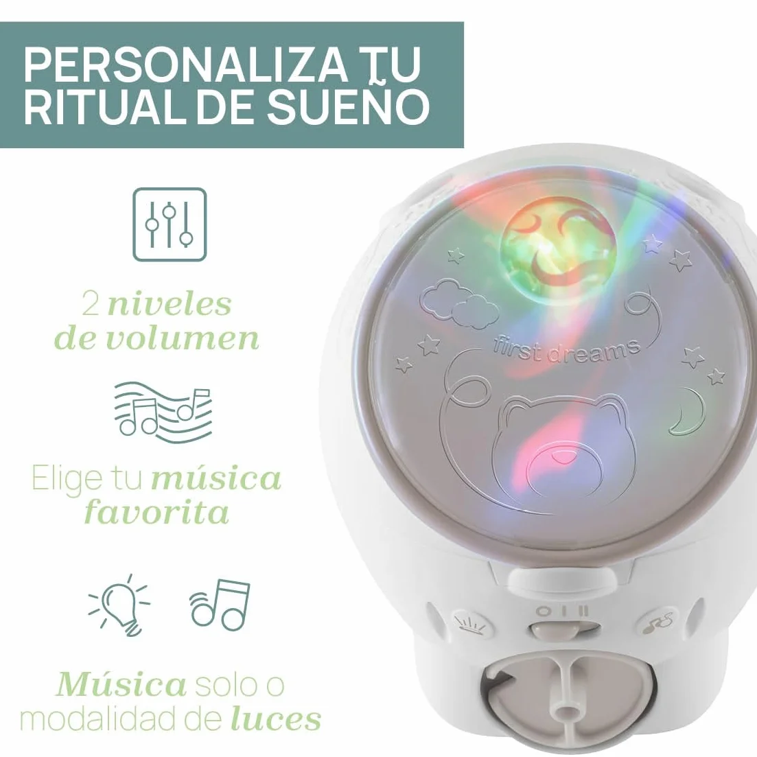 Chicco Projektor 2w1 z Misiem Polarnym, do Łóżeczek i Stolików Nocnych Next2Me, Projekcja Magicznej Zorzy Polarnej, 30 Minut Muzyki Klasycznej, Dźwięki Natury, Konfigurowalne Funkcje, 0 Miesięcy +