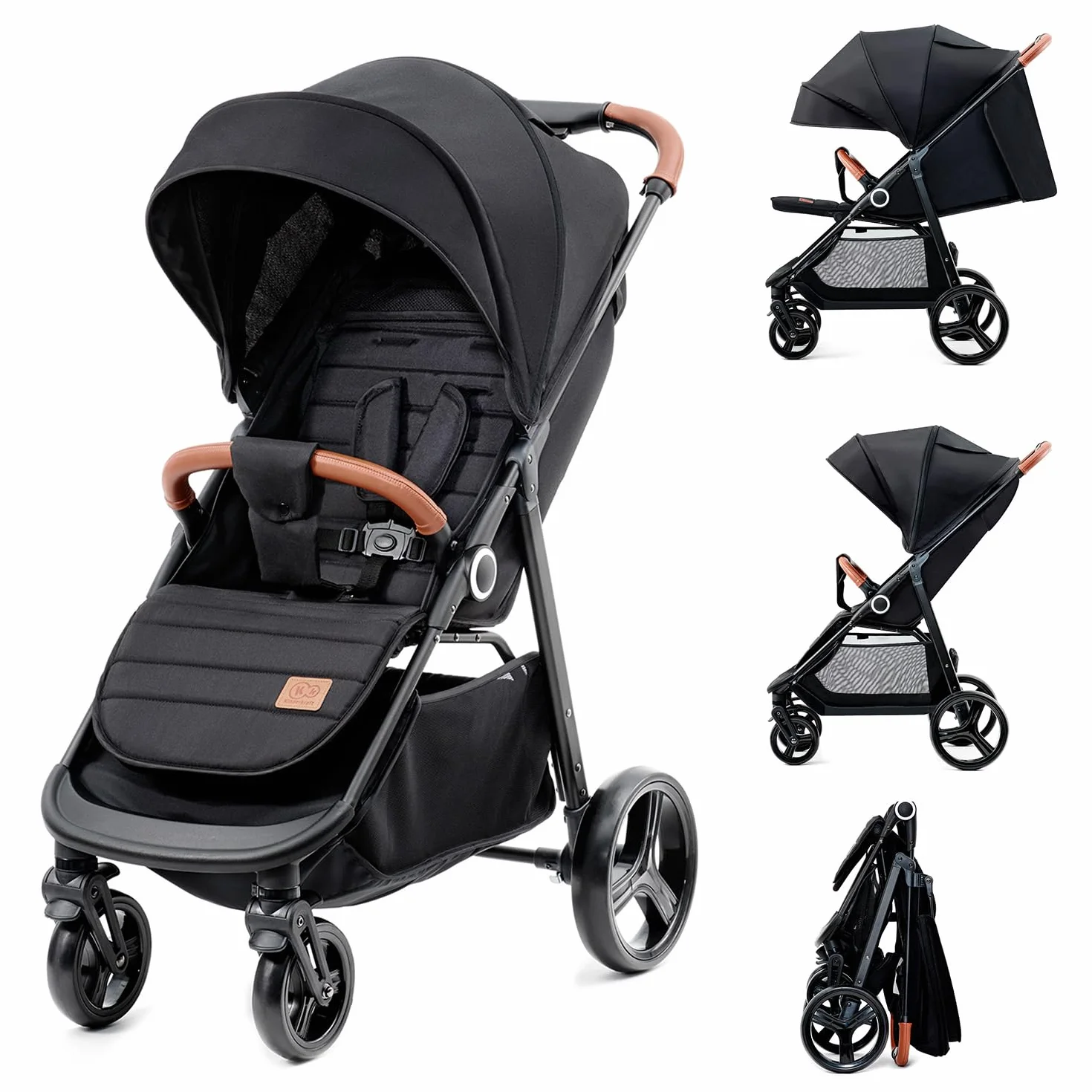 Kinderkraft GRANDE PLUS Wózek dziecięcy dla dzieci od urodzenia do 22 kg, Spacerówka, Regulowane oparcie do pozycji leżącej, Obszerne siedzisko, Składanie jedną ręką, Amortyzowane koła, Czarny
