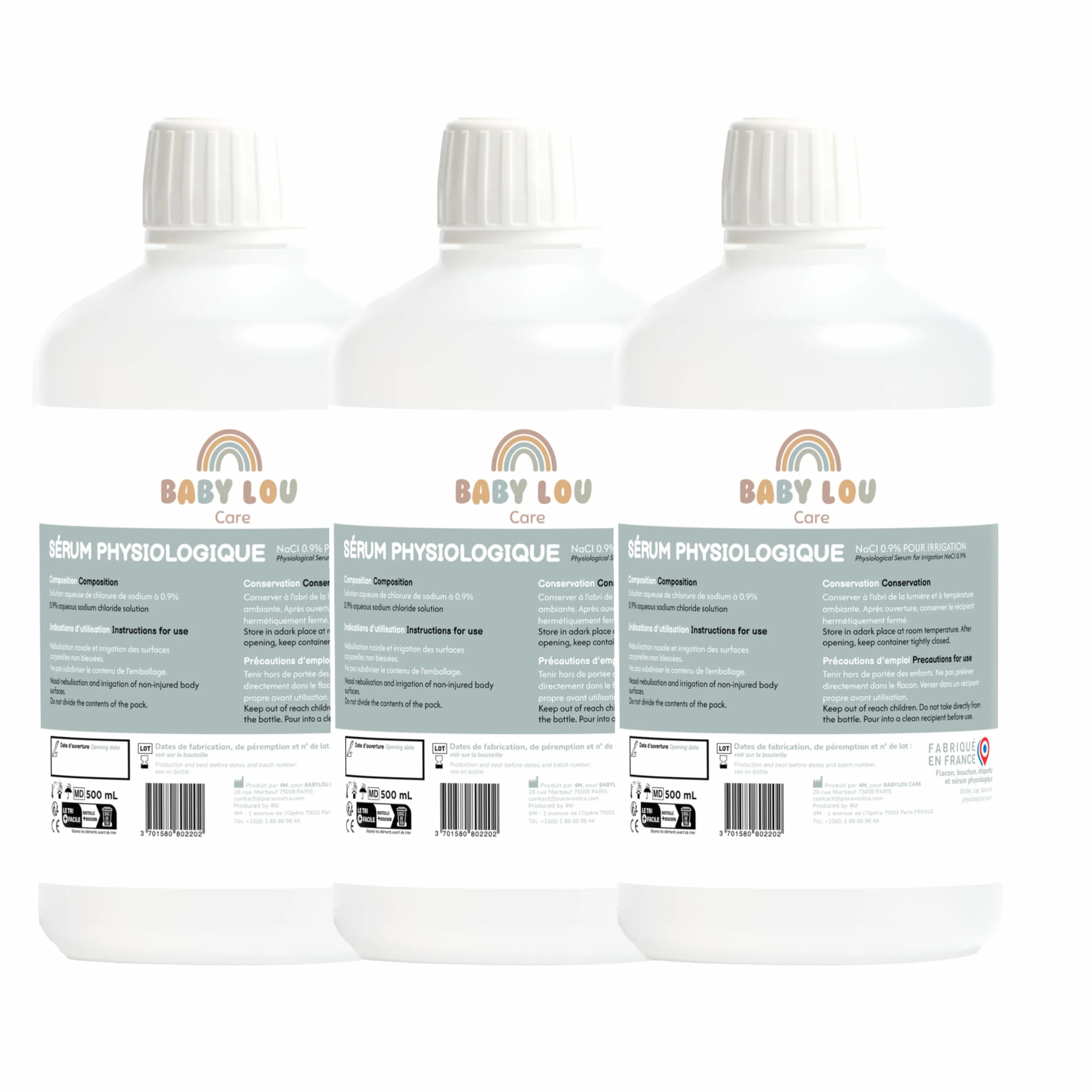 Butelka fizjologiczna 3x500 ml | NaCl 0,9% | Wyprodukowano we Francji | Mycie jamy nosowej | Higiena nosa | Do irragacji zewnętrznej