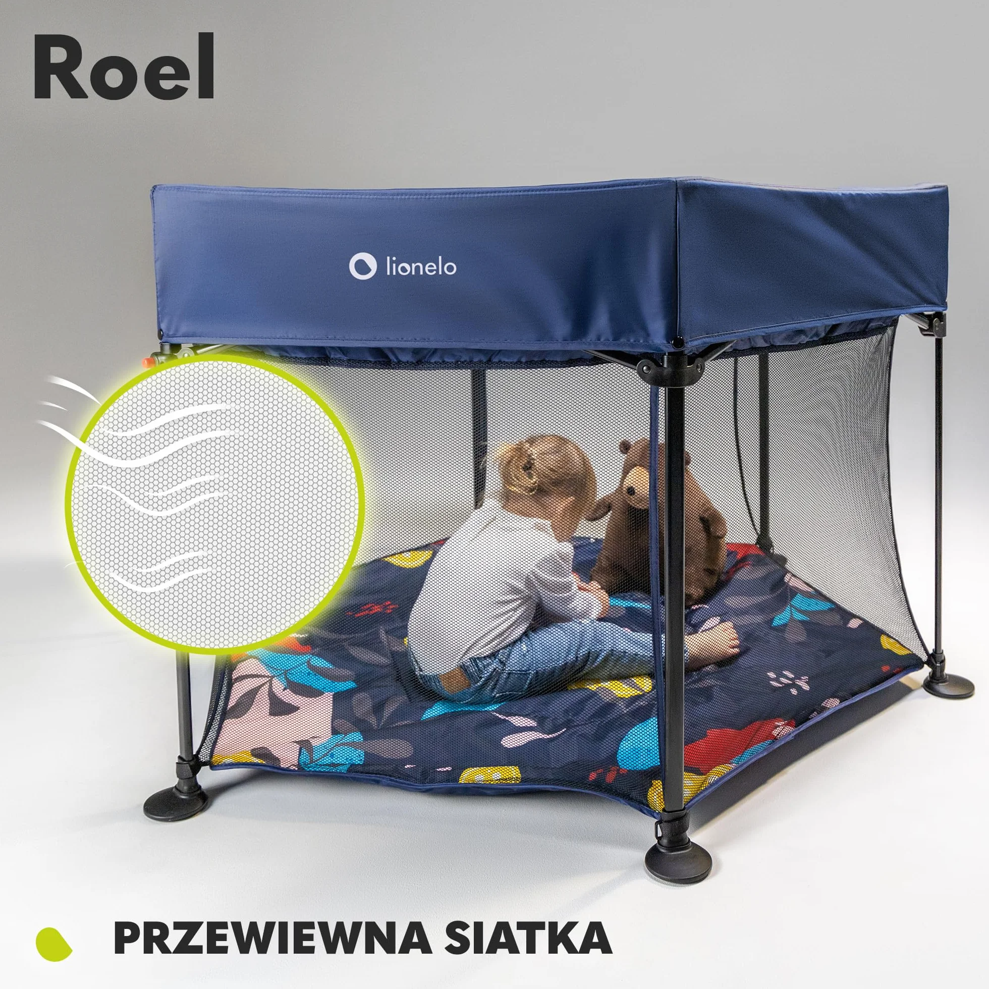LIONELO Roel kojec dla dzieci do 15 kg, duży format 118 x 118 x 83 cm, sześciokątny kształt, LockGuard, zapięcie składane, wzmocniona podstawa, antypoślizgowe stopki, torba ochronna