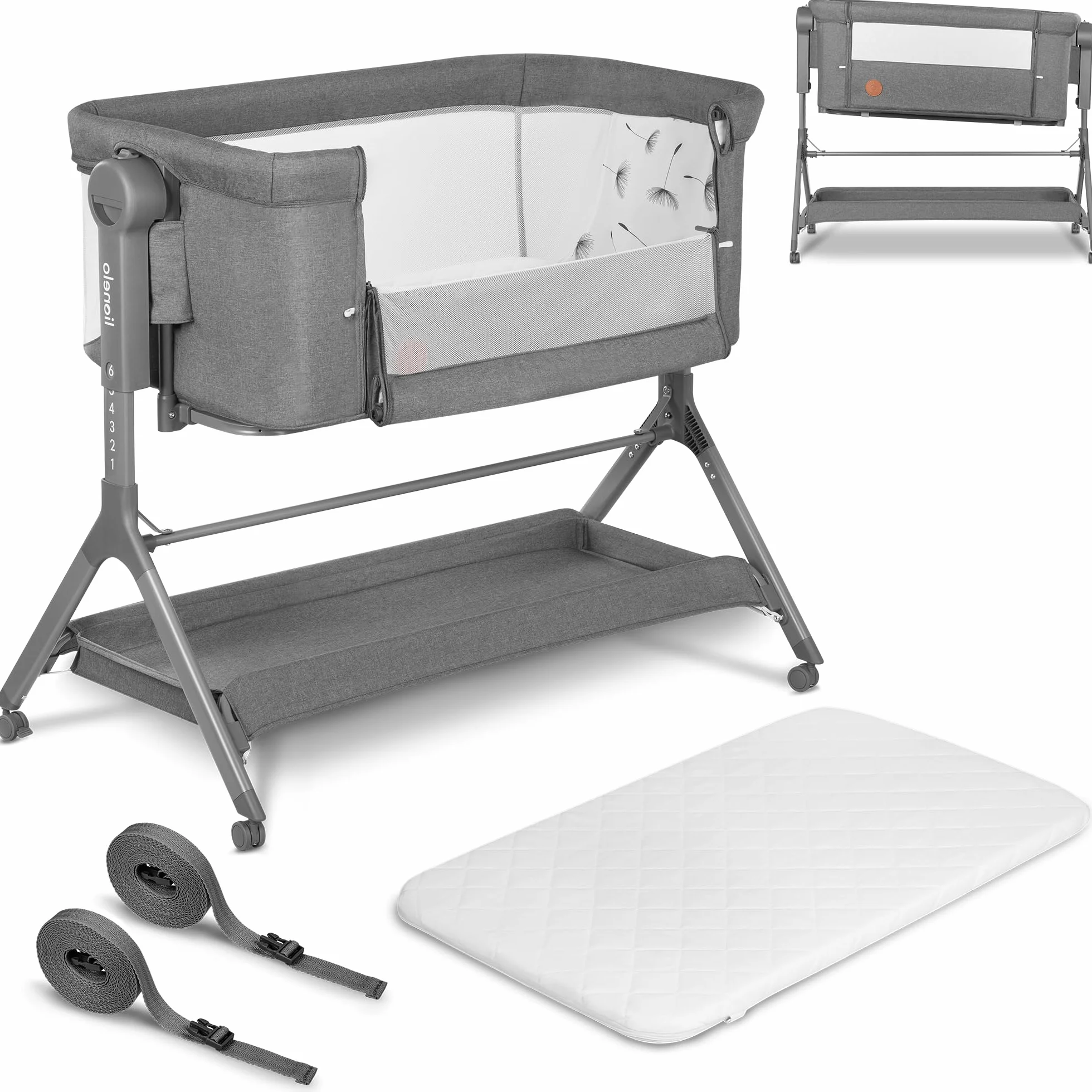 LIONELO LEONIE Plus 3 w 1 Dziecięce Łóżeczko Wolnostojące do 9kg, Łóżeczko Dostawne i Kołyska, Regulacja Wysokości, Przewiewne Ścianki, Odpinany Bok, Kółka z Hamulcem Duży Kosz