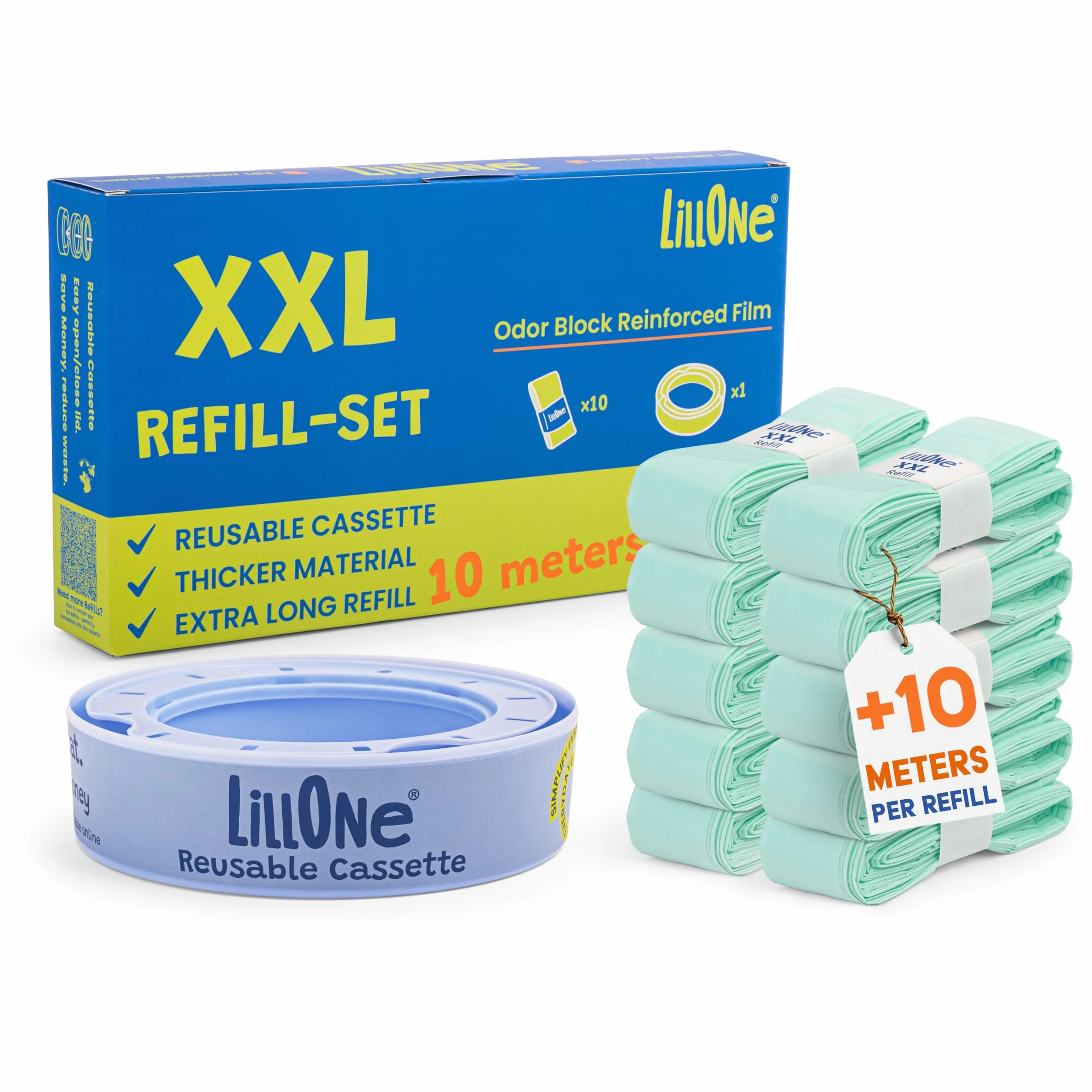 LillOne XXL-SET 10 wkładów powyżej 10 metrów + 1 kaseta wielokrotnego użytku - kompatybilna z pojemnikami na pieluchy Angelcare, Munchkin - Extra Long High Density