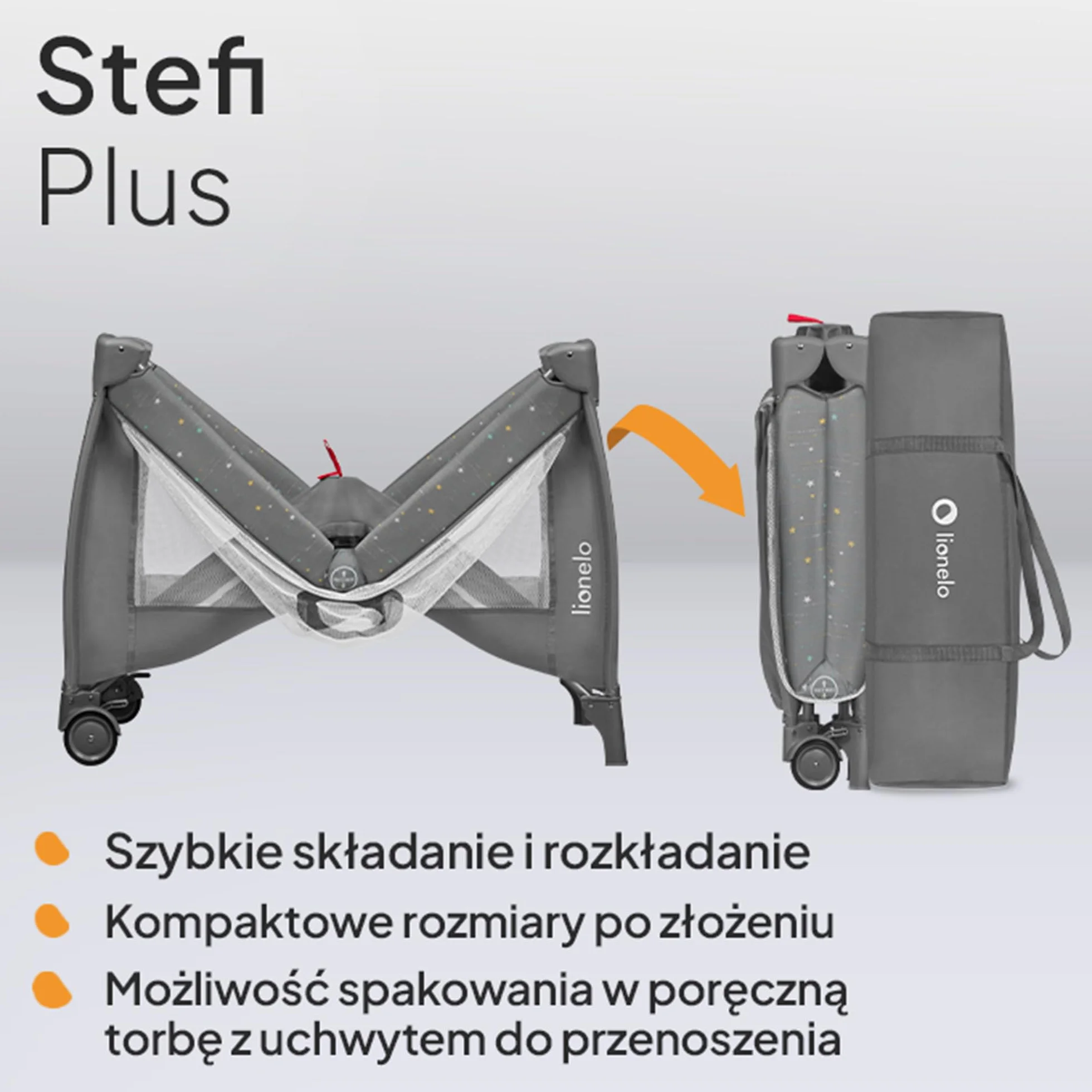 LIONELO Stefi Plus łóżeczko turystyczne 2 w 1 do 15 kg, łóżko dziecięce z materacem, boczne wejście z zamkiem błyskawicznym, wysokiej jakości materac piankowy, szybkie składanie