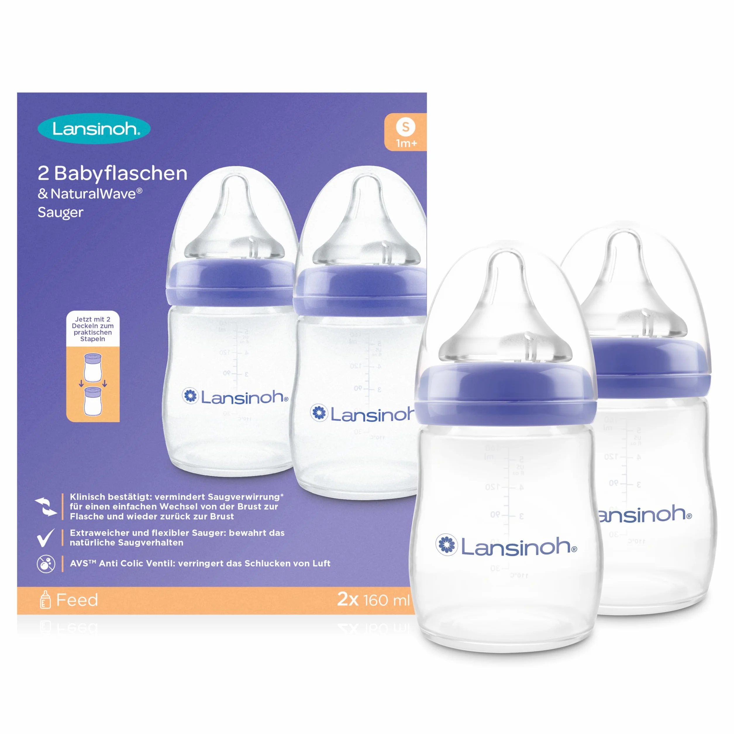 Lansinoh 75470 Butelka, Przezroczysty/Fioletowy, 2 X 160 ml