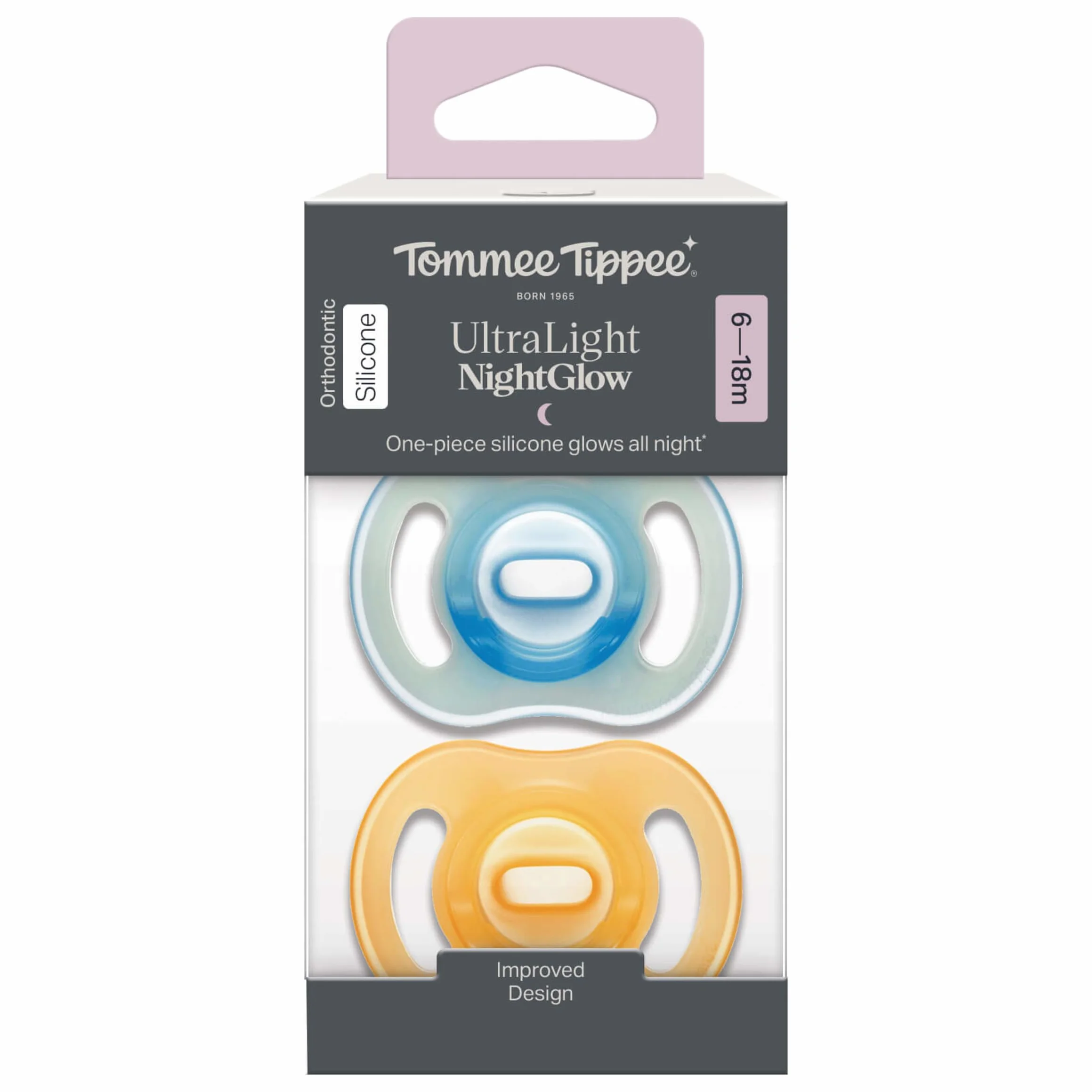 Tommee Tippee Ultralekki smoczek StayPut Night Glow 6–18 m, 2 sztuki, świecący w ciemności, lekki, miękki w dotyku, dodatkowy przepływ powietrza