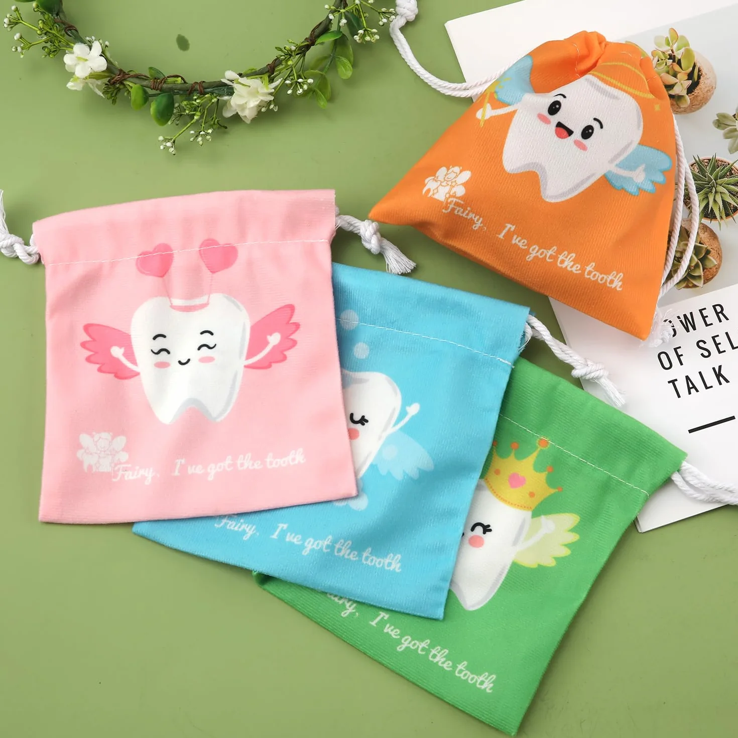 4 Sztuki Torby na Prezenty Wrózki Zebuszki, Smieszne Pojemnik na Zeby Mleczne Uchwyt dla Chlopców i Dziewczat Sznurek Etui na Zeby Prezenty na Pamiatke dla Dzieci Baby Shower Urodziny
