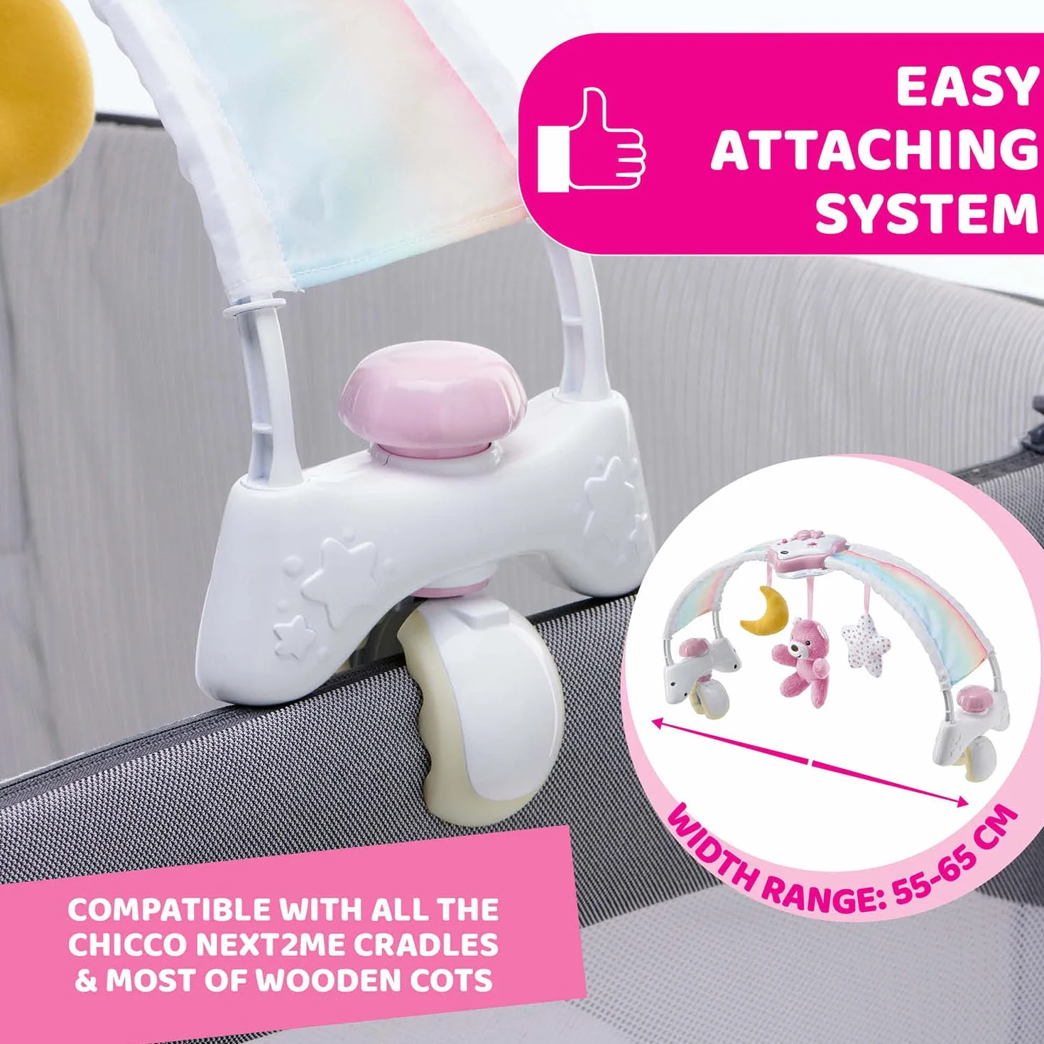 Chicco Panel na Łóżeczko Rainbow Sky 2w1 Kompatybilny z Next2Me, Panel Rainbow Sky Baby i Lampka Nocna dla Dzieci z Ralaksacyjną Muzyką - Zabawki dla Niemowląt 0 m+, Różowy