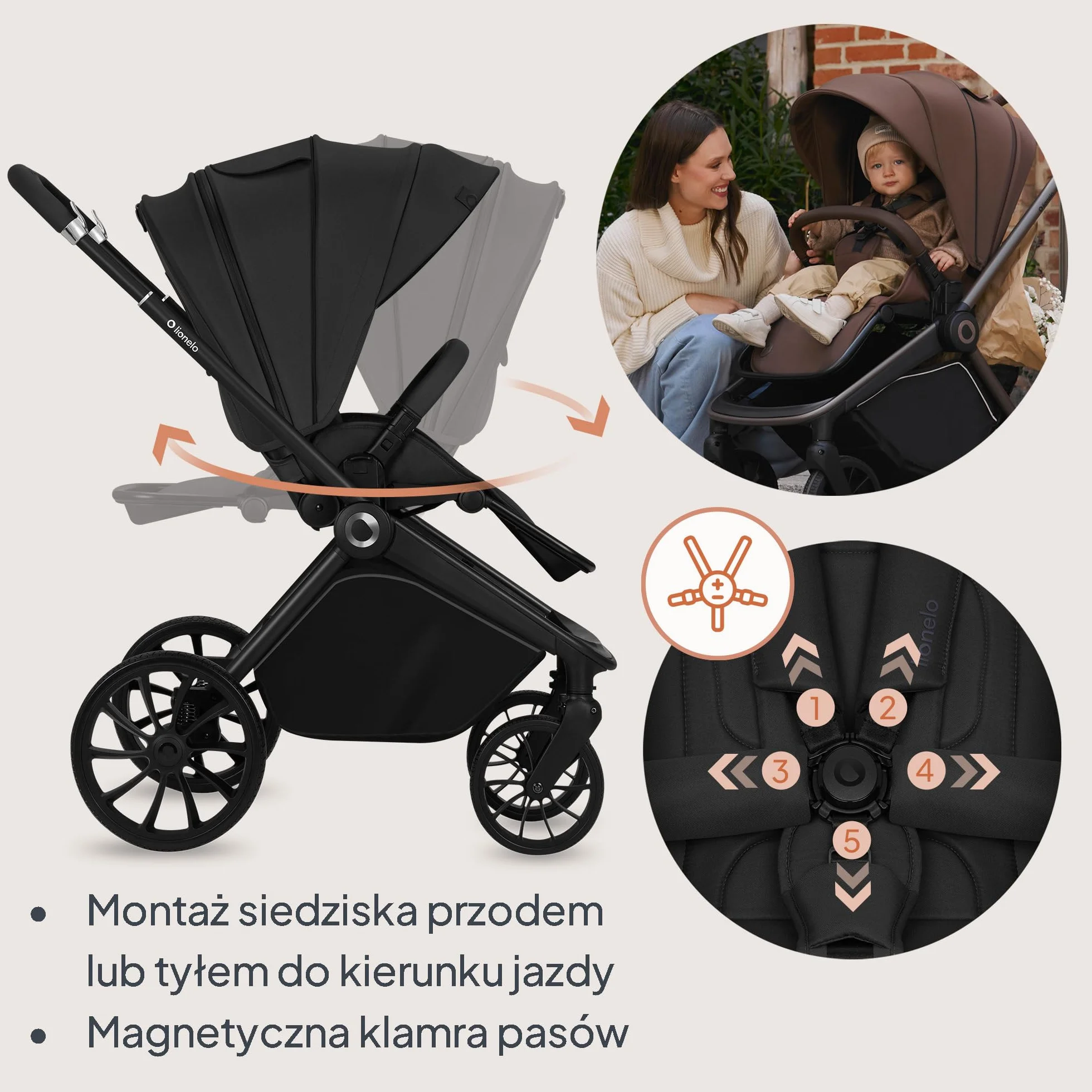 LIONELO MIKA PLUS 3 w 1 Wózek Spacerowy Dziecięcy 0-48 miesięcy do 22 kg Gondola do 9 kg Fotelik Samochodowy Nosidło do 13 kg, Regulacja Oparcia, Amortyzacja, Koła 360° Budka XXL (Czarny)