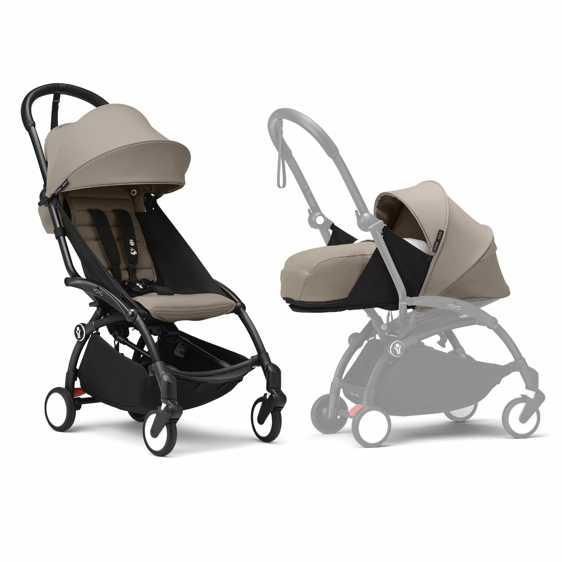 Wózek Stokke YOYO3 z zestawem dla noworodka - zawiera czarną ramę, zestaw kolorowy 6+ (Taupe) i zestaw dla noworodka 0+ (Taupe)