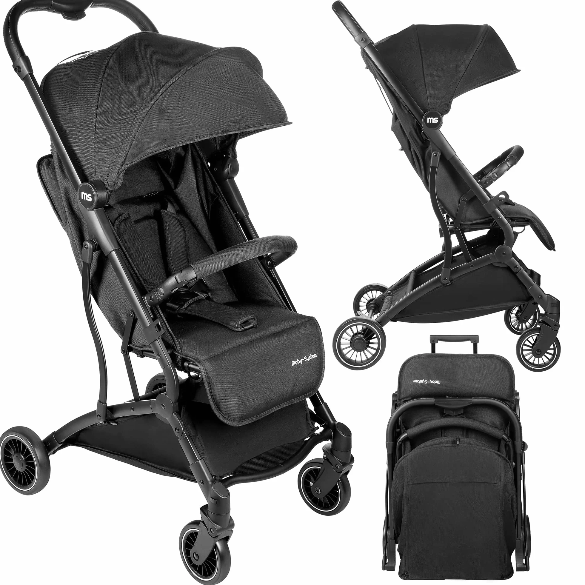 Moby-System Wózek Dziecięcy Składany, Kompaktowa Spacerówka dla Dzieci do 15 kg, 6-36 Miesięcy, Wózek do Samolotu, Duży Kosz na Zakupy, Pokrowiec i Folia Przeciwdeszczowa w Zestawie, Czarny