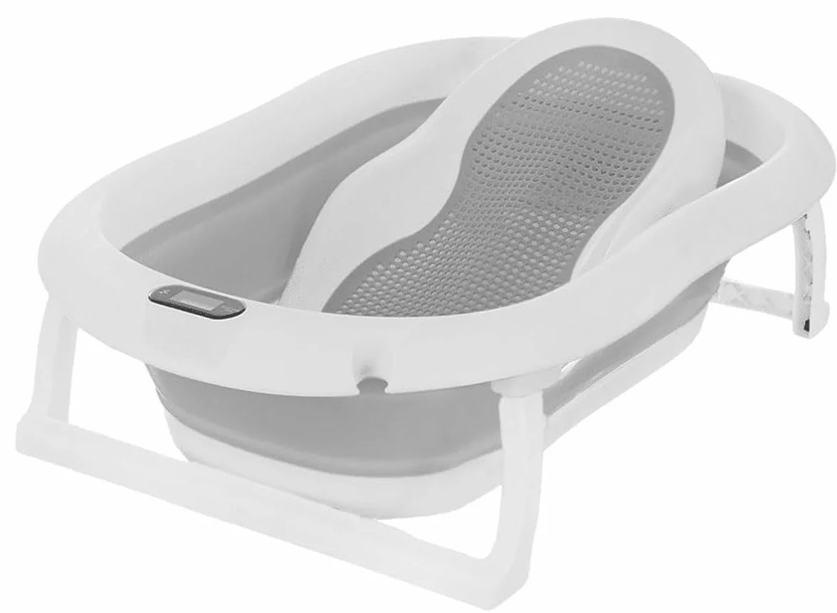 Primabobo Wanienka dla Niemowląt PREMIUM Składana z Inteligentnym Termometrem LCD i Fotelikiem, Luksusowa Wanienka 80cm z Miękką Wkładką, System Szybkiego Składania, Szara