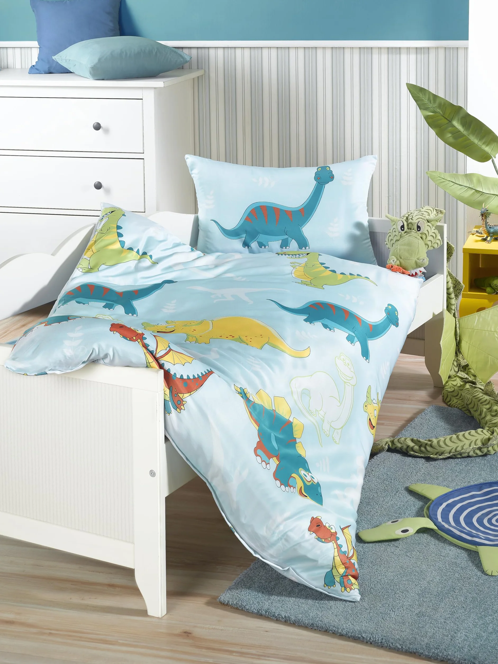 BaSaTex Komplet pościeli dziecięcej dla dziewczynek i chłopców, 100 x 135 cm + 40 x 60 cm, 100% poliestrowa mikrofibra, zamek błyskawiczny, dinozaury, smoki, niebieski/biały