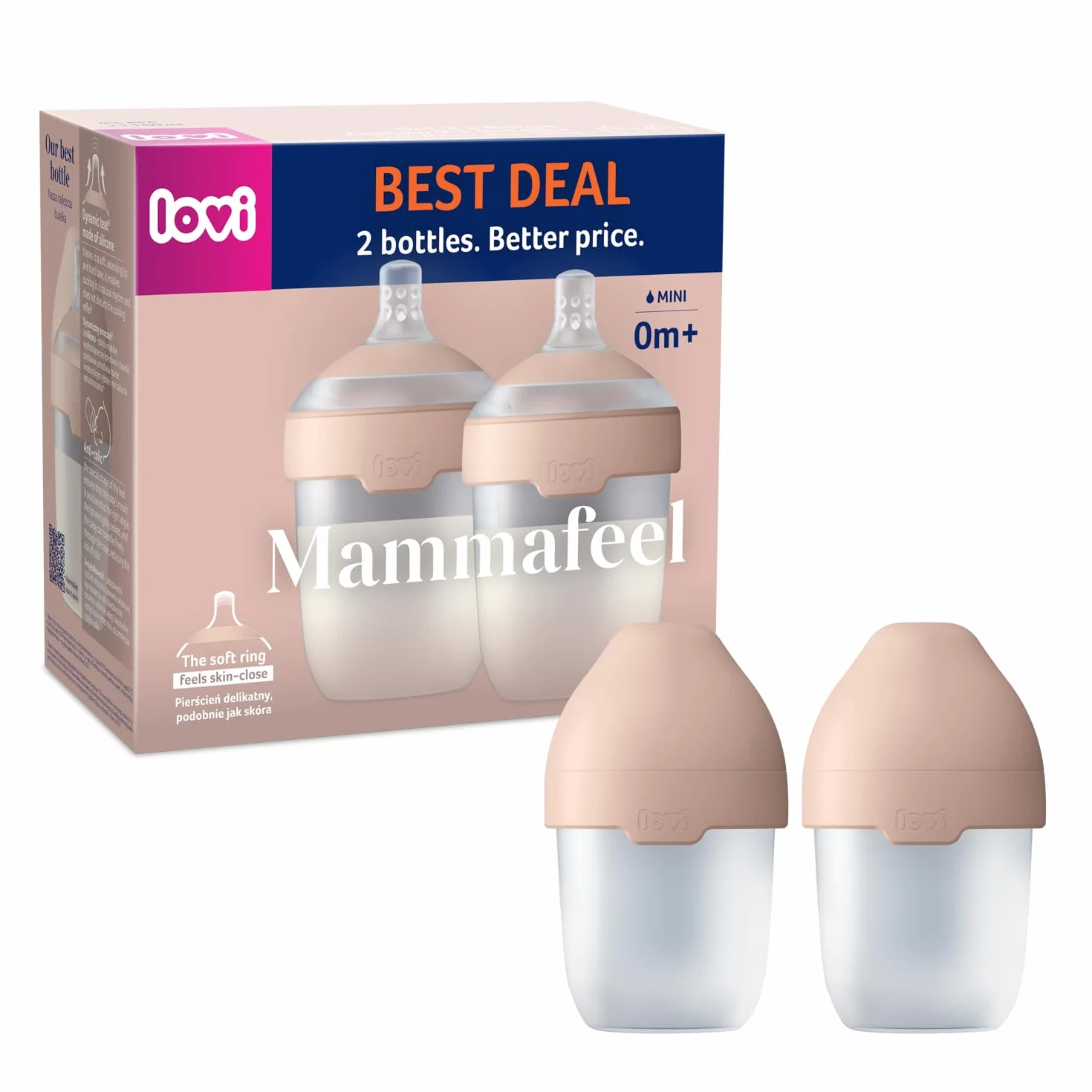 LOVI Dwupak Butelka Mammafeel ze smoczkiem do karmienia, Nie zaburza odruchu ssania, 0% BPA (150 ml)