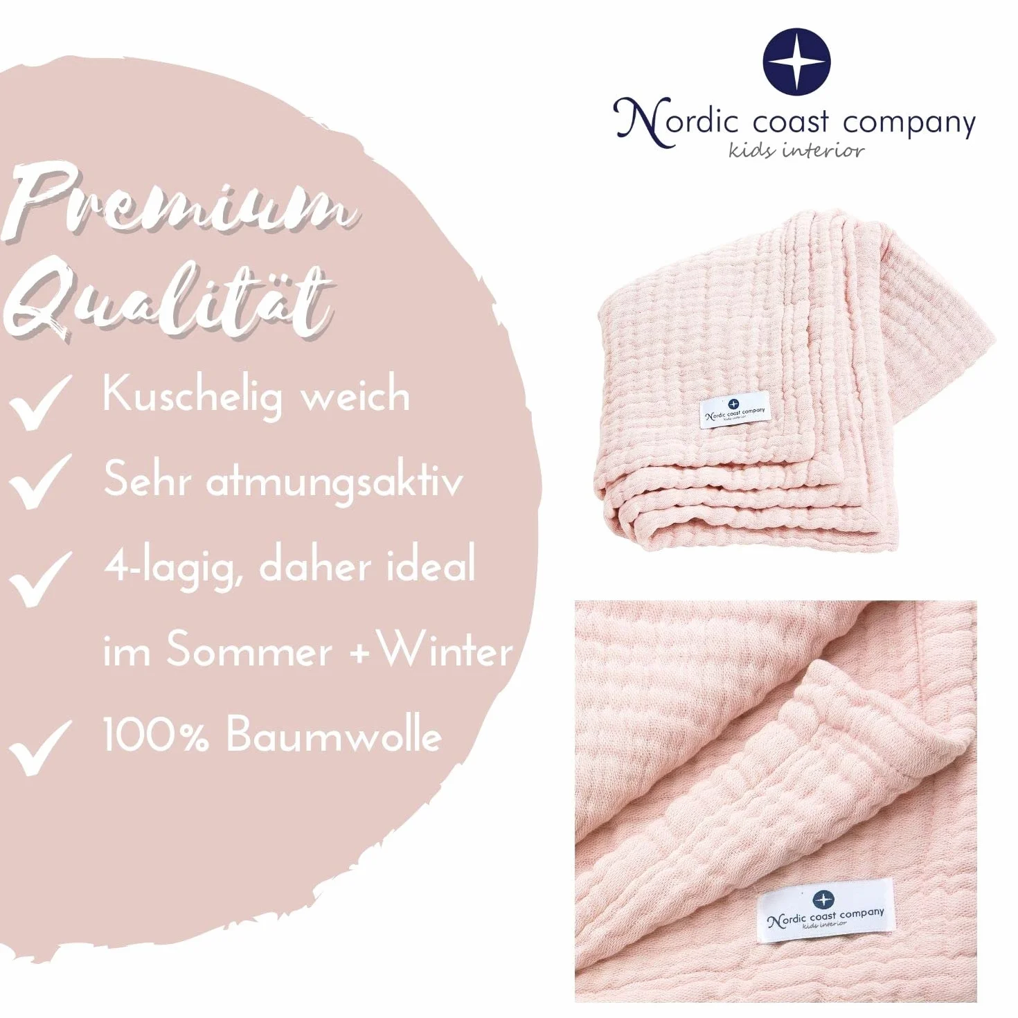 Nordic Coast® muślinowy koc duży – 90 x 120 cm – przytulanka dla niemowląt w kolorze różowym – 100% bawełna Oeko Tex® – 4-warstwowy – pieluszka muślinowa – prezent dla dziecka na chrzest narodziny –