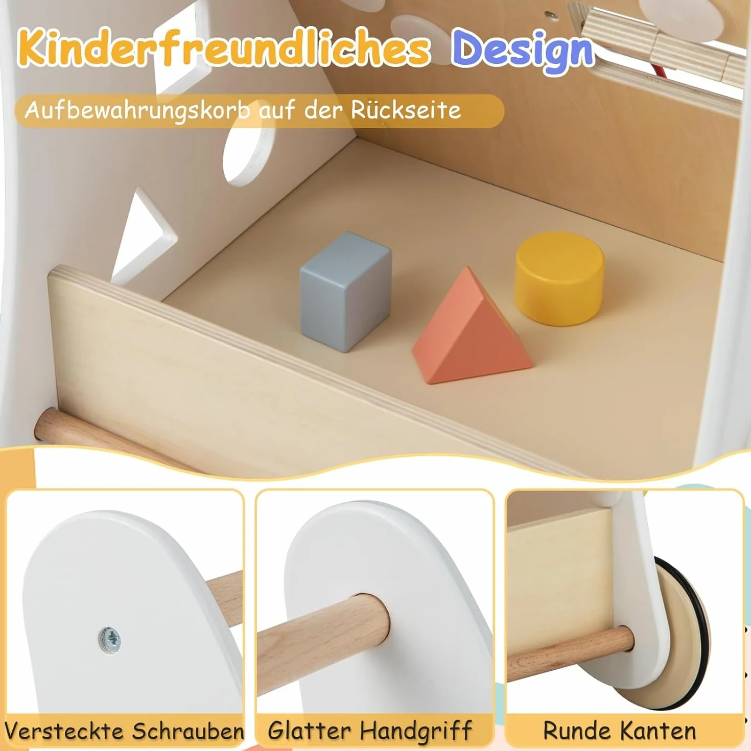 FANTASK Montessori Baby Walker wózek do nauki chodzenia 7 w 1, z drewnianym pudełkiem do przechowywania, z planszą do zabawy, lustrem i klockami, dla chłopców i dziewczynek od 1 roku życia