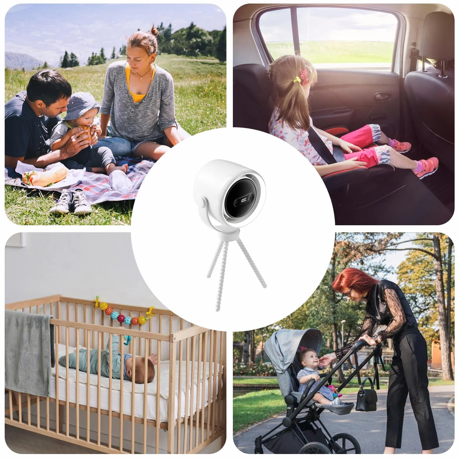 Stroller Fan, Portable Fan, 100 Speed Settings Rechargeable Ventilador with Night Light for Travel, Camping, Desk, Beach, 12.8x6.57 Inches, White, Black