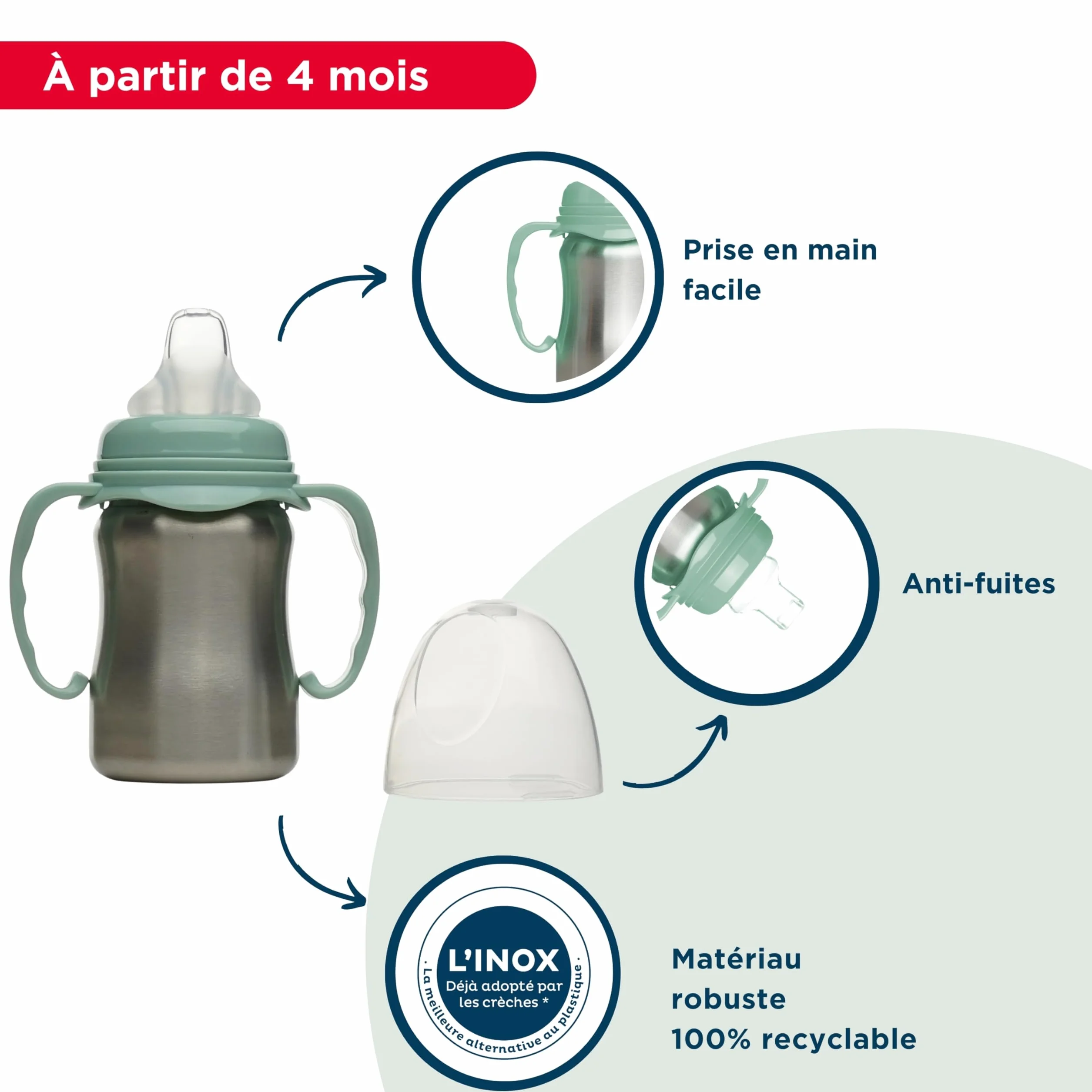 THERMOBABY - Kubek ze stali nierdzewnej dla niemowląt z uchwytami i silikonowym smoczkiem - zapobiegający przeciekaniu - 180 ml - łatwy do czyszczenia - trwały - idealny do pracy dziecka - zielony