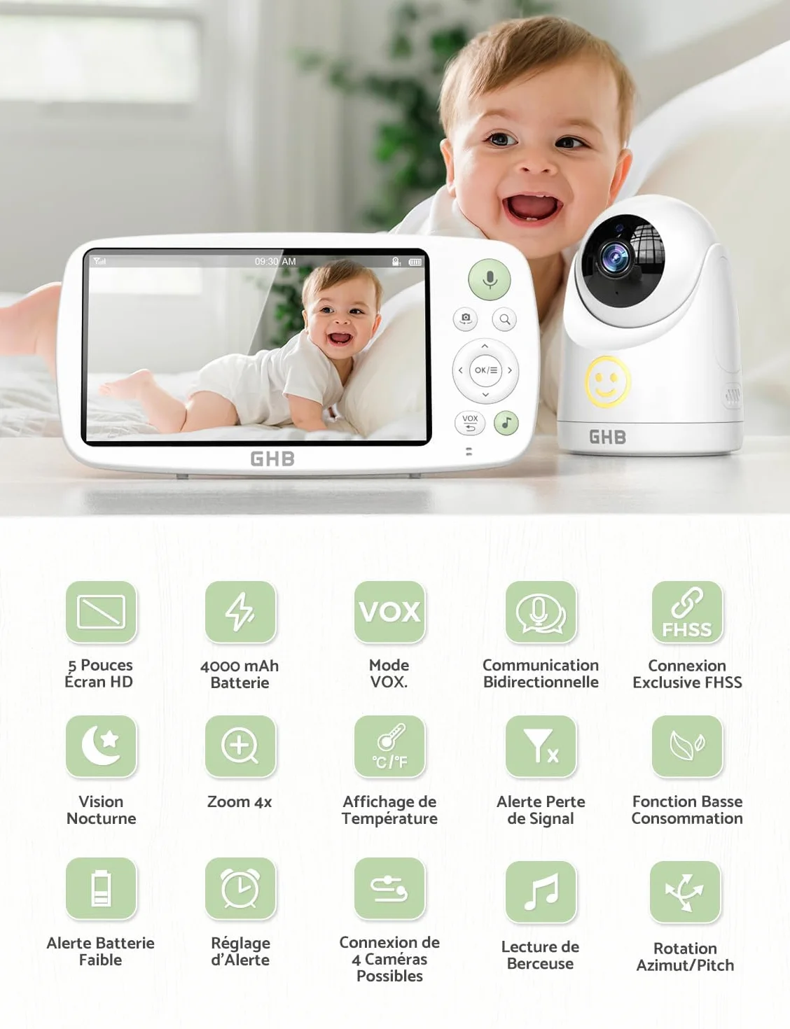 GHB Babyfoon met Camera 5 inch HD 1080P 4000 mAh-accu 24/7 VOX-modus 4x Zoom Tweerichtingsgesprek Nachtzicht Bereik 300 meter