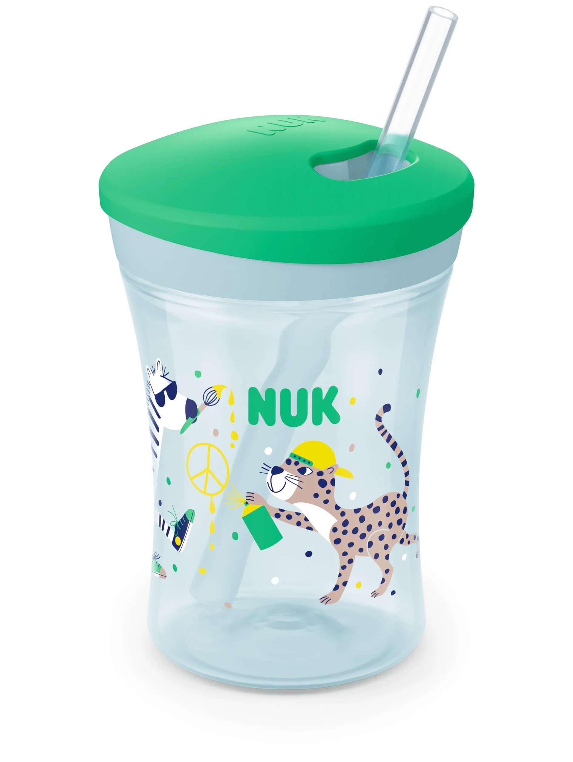 Kubek dla malucha NUK Action Cup | Od 12 miesiąca | Zakręcany, z miękką słomką | Szczelny | Nie zawiera BPA | 230 ml | Lampart (zielony)