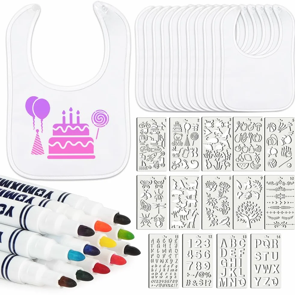 Vicloon Śliniaki dla niemowląt do malowania, 38 szt., do zabawy na baby shower, biały zestaw śliniaków z 12 śliniakami dla maluchów, 14 szablonów, 12 długopisów, prezent dla noworodka