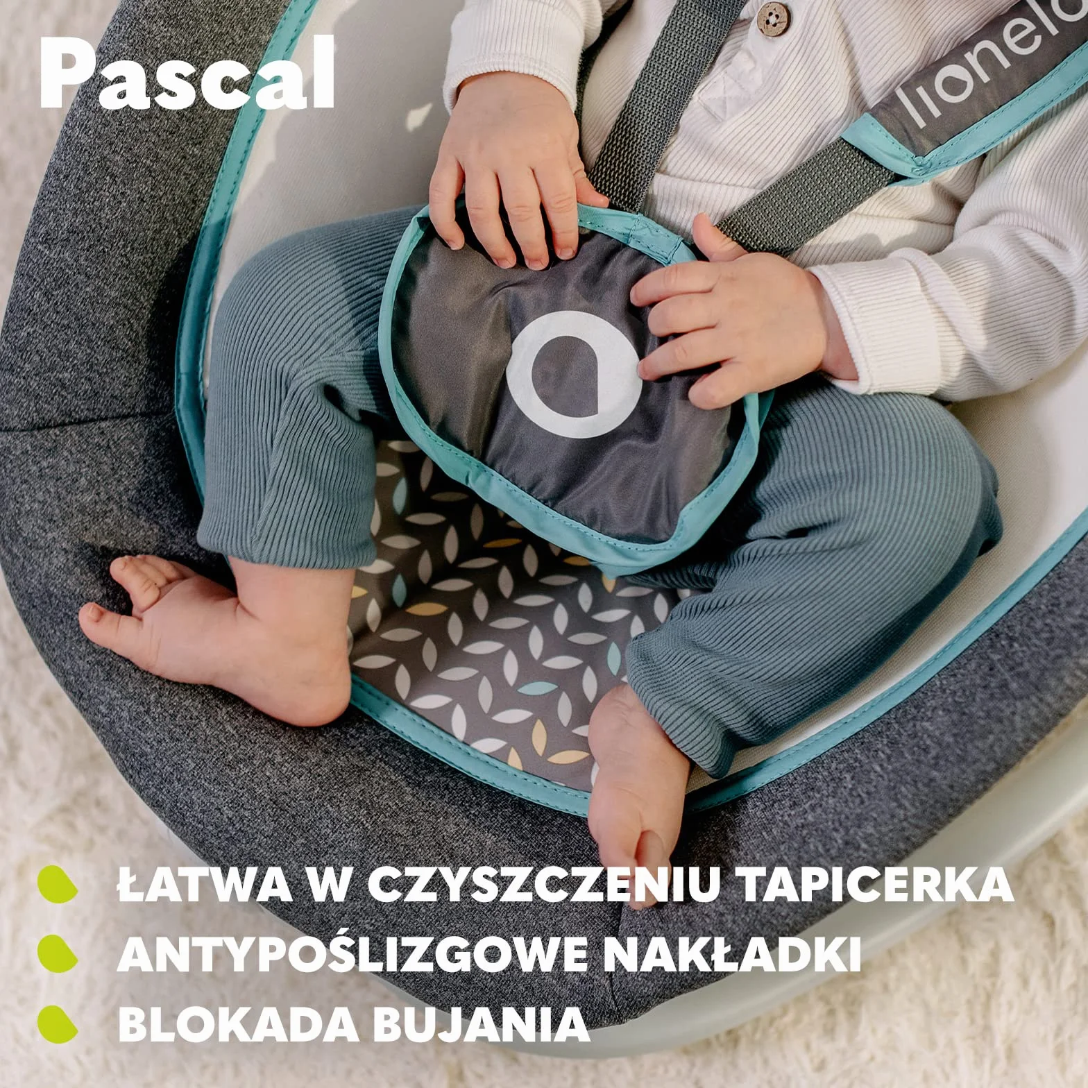Lionelo Pascal Bujaczek Leżaczek dla Niemowląt z Wibracjami i Melodiami, Regulacja Oparcia 4 Pozycje, Karuzela z Zabawkami, 5-Punktowe Pasy, Tapicerka Prana w Pralce, Składany, od Urodzenia do 9 kg