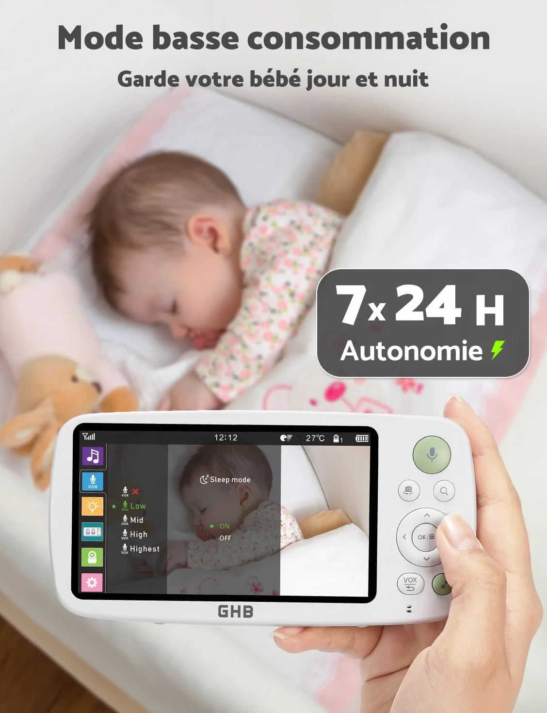 GHB Babyfoon met Camera 5 inch HD 1080P 4000 mAh-accu 24/7 VOX-modus 4x Zoom Tweerichtingsgesprek Nachtzicht Bereik 300 meter
