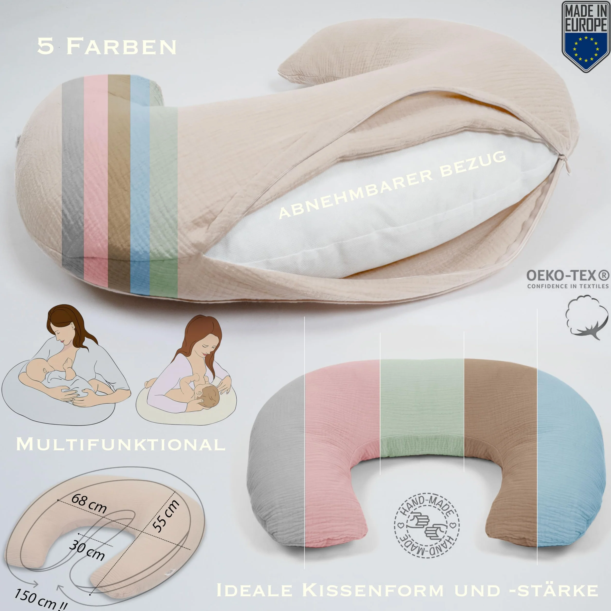 PaLulli® Muślinowa poduszka do karmienia piersią ze 100% bawełny muślinowej – poduszka do karmienia dla niemowląt, poduszka do karmienia dla niemowląt, oddychająca i nadająca się do prania, brązowa