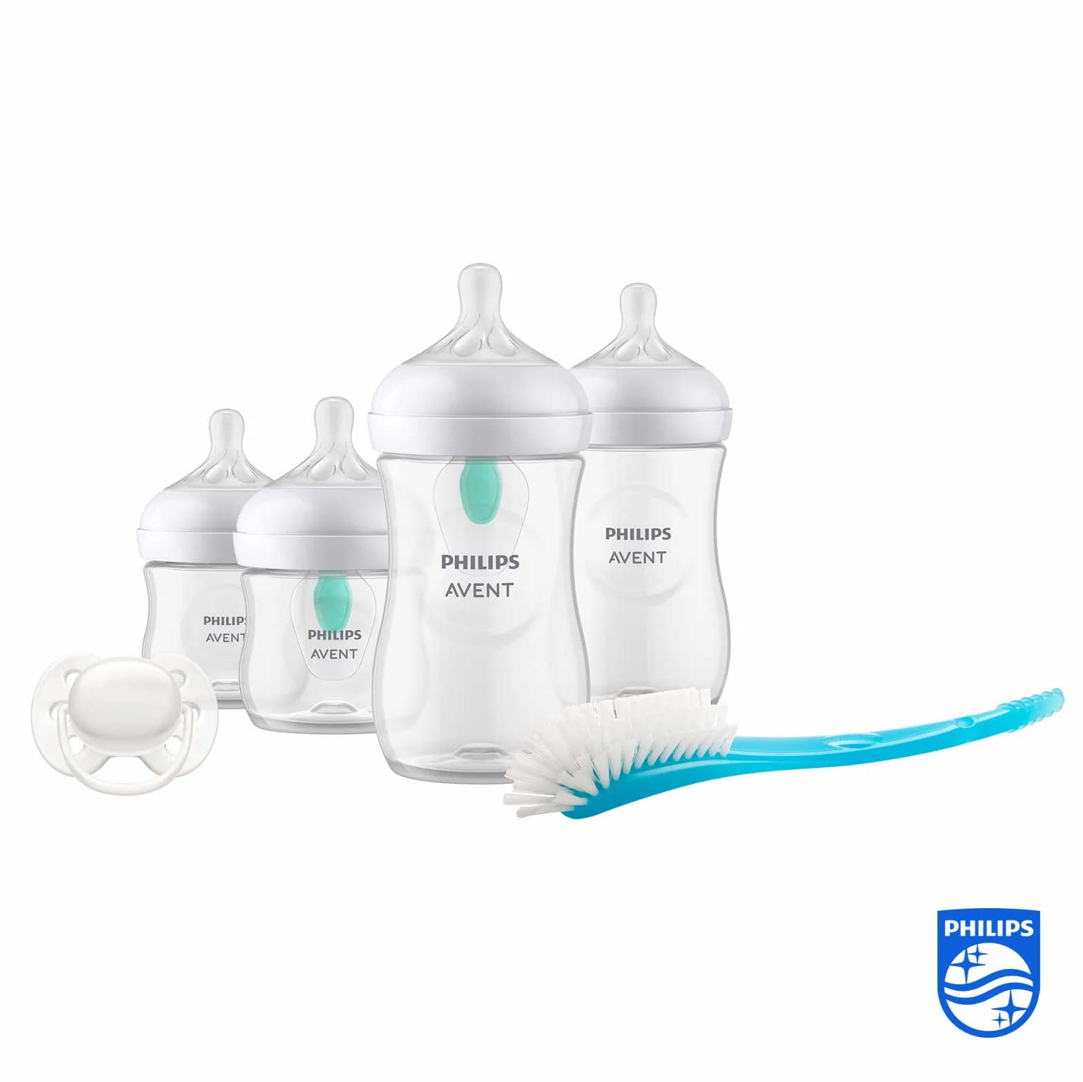 Philips Avent Zestaw butelek Natural z Responsywnym smoczkiem z nakładką antykolkową AirFree—4 butelki z nakładką AirFree, smoczek Ultra Soft, szczotka do butelek. Wiek 0 –12 mies.i (model SCD657/11)