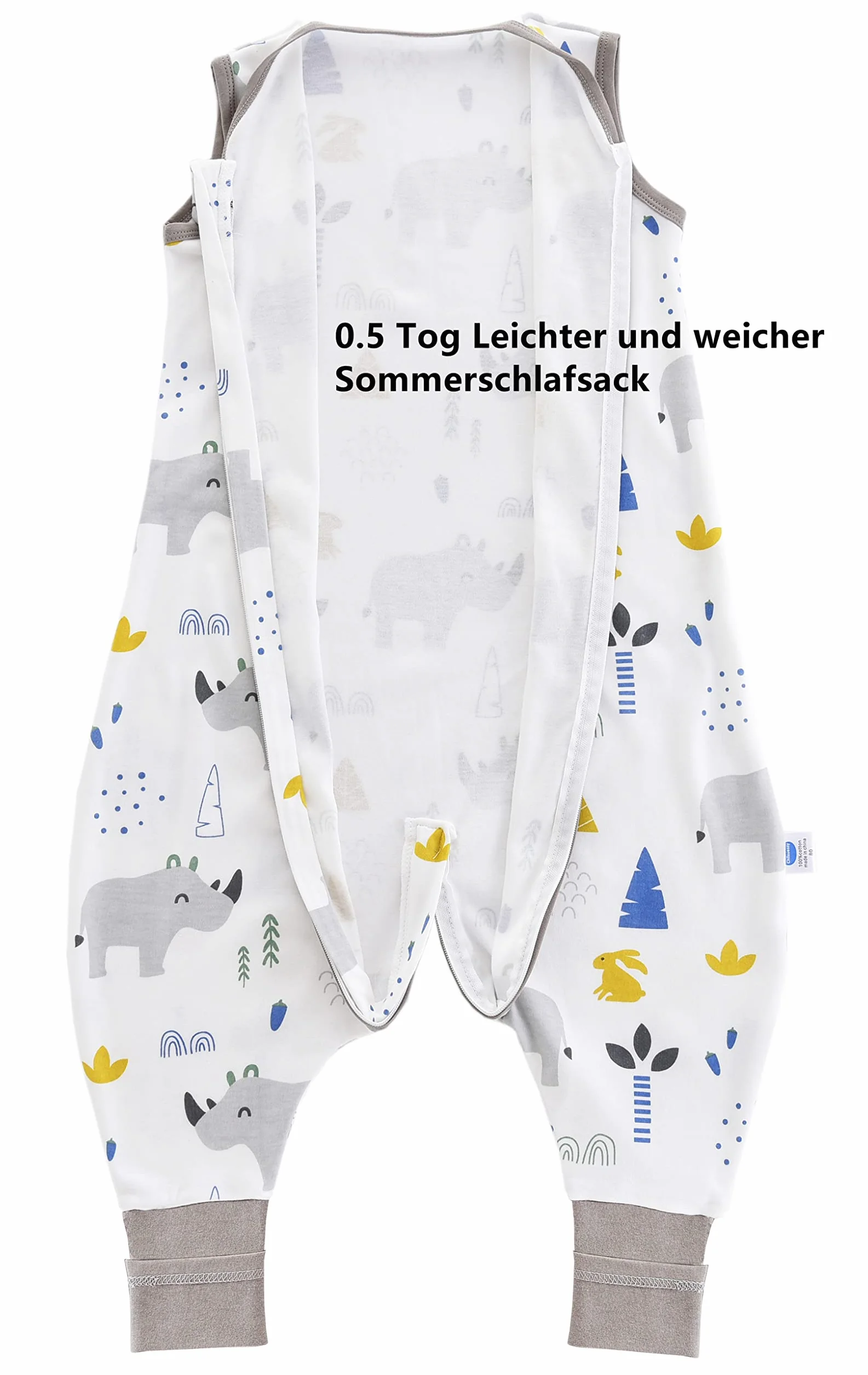Chilsuessy Śpiwór letni dla niemowląt z nogawkami, 0,5 Tog, śpiwór dla małych dzieci, niewatowany, 100% bawełna, śpioszki do spania dla chłopców i dziewczynek, słodki nosorożec, 80 cm, wzrost dziecka 90-100 cm