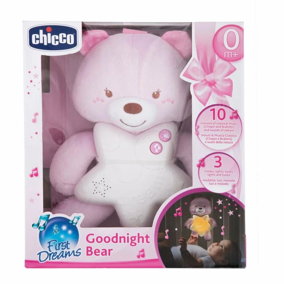 Chicco First Dreams Miś, do Zawieszenia na Łóżeczku, z Kojącymi Melodiami i Lampką Nocną, 0 m+, Różowy