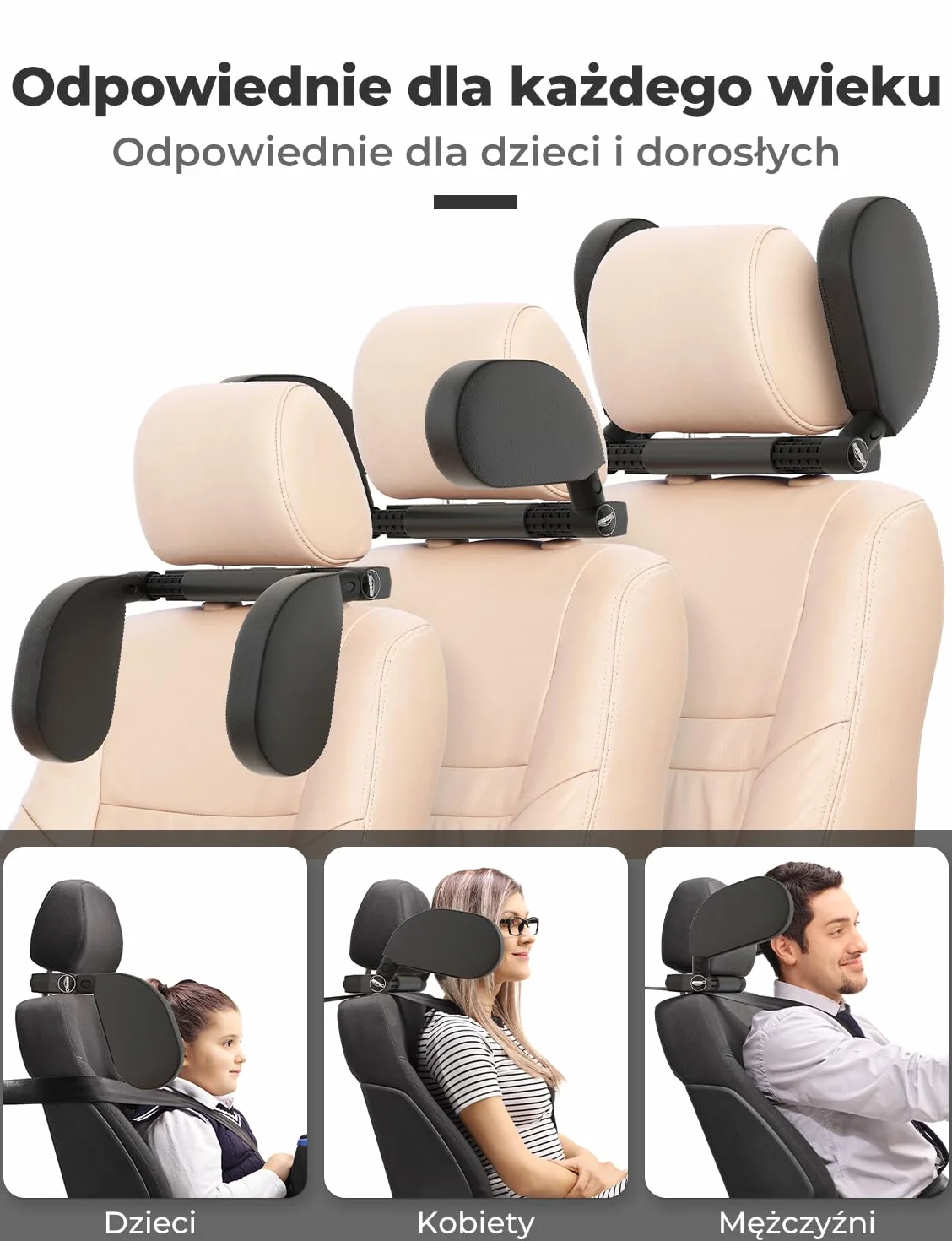 Oasser Zagłówek Samochodowy Premium - Skóra PU Zdejmowana, Regulacja 180°, Szerokość 14-28 cm, Łatwe Czyszczenie, Bez Zapachu, do Spania w Podróży, Czarny