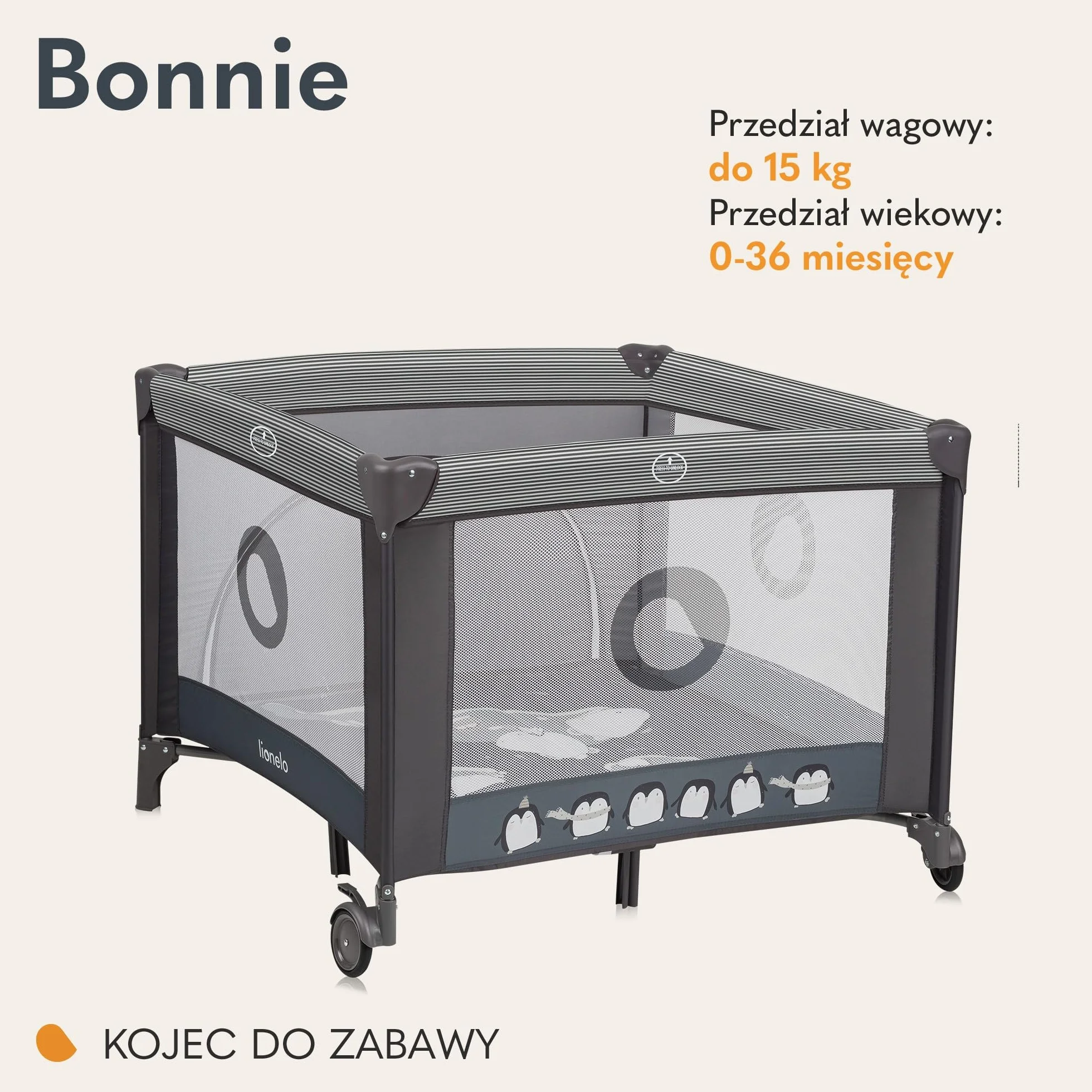 LIONELO BONNIE Kojec Dziecięcy do15 kg, od Urodzenia do 36 miesięcy Boczne Wejście na Zamek, Boki z Przewiewnej Siatki, Szybkie Składanie, Koła z Hamulcem, Torba do Przenoszenia (Ciemny szary)