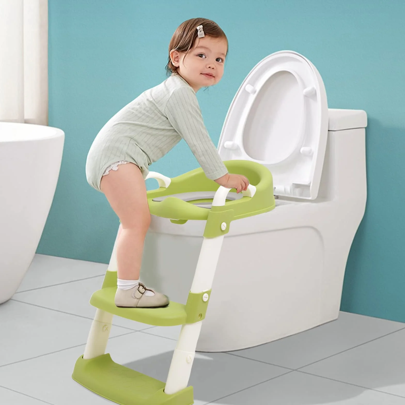 Deska sedesowa dla dzieci, regulowana drabina z miękką poduszką PU, przenośny trener toaletowy, numer modelu produktu YT-808, cyjan green