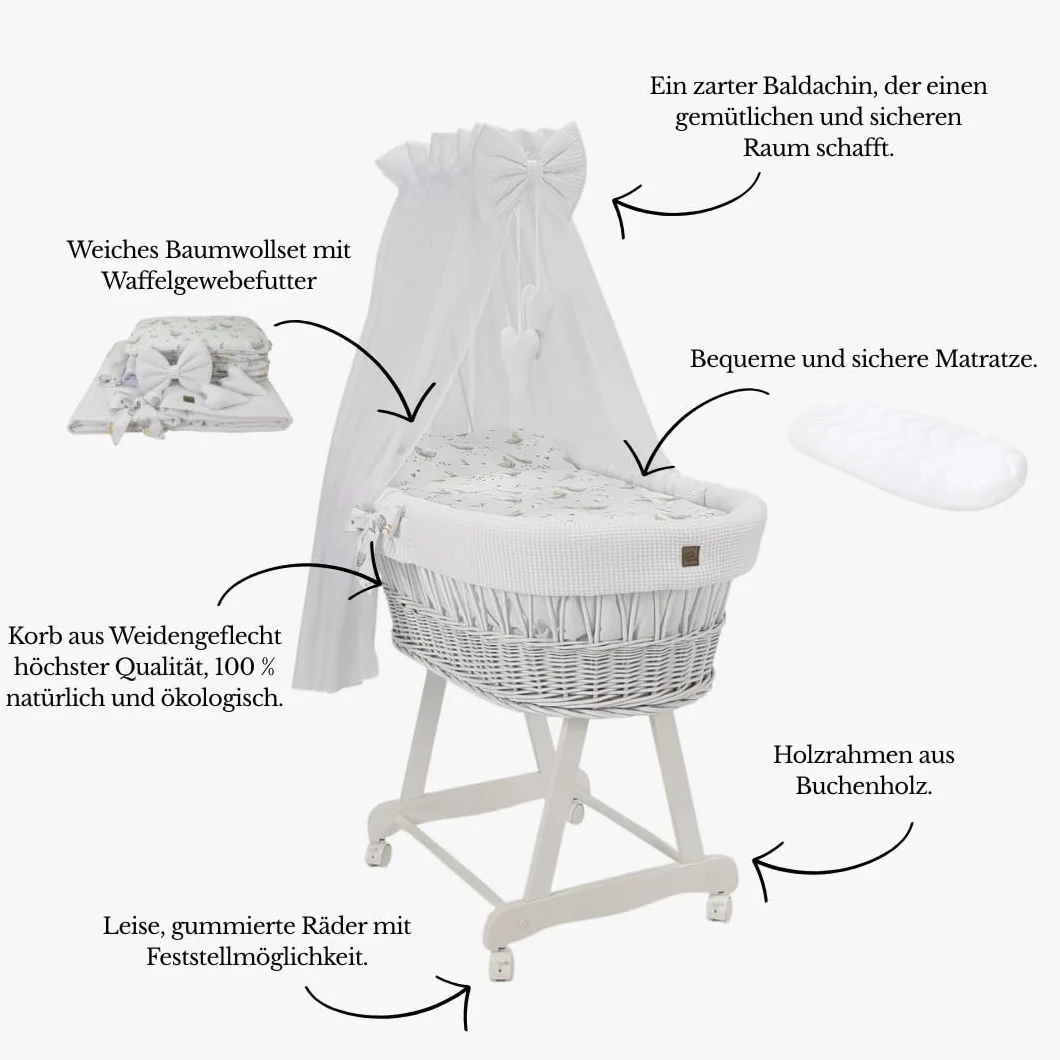 Kosz Mojżesza biały ze stelażem, materacem, baldachimem i pościelą z tkaniny waflowej, ciche kółka (białe - zielone liście)
